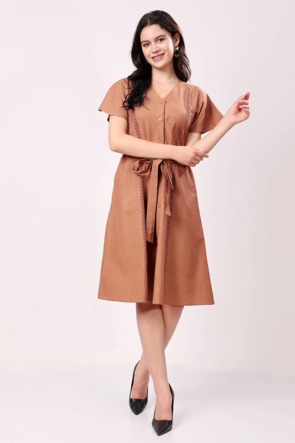 Brown Cotton A Line Dress - Image 3