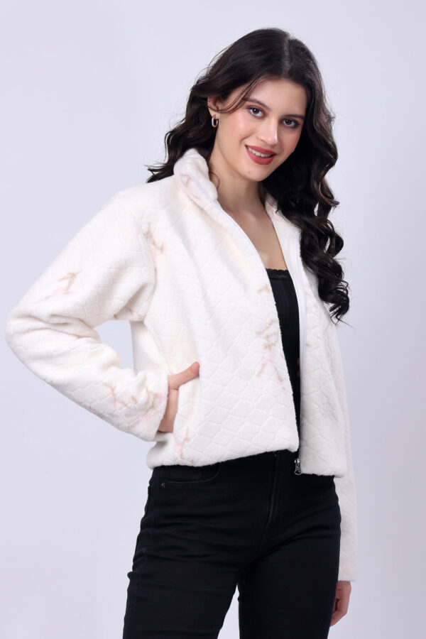 Off White Self design Fluffy Fur Jacket for women - Image 6