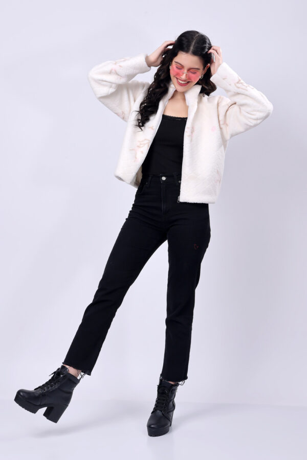 Off White Self design Fluffy Fur Jacket for women - Image 2