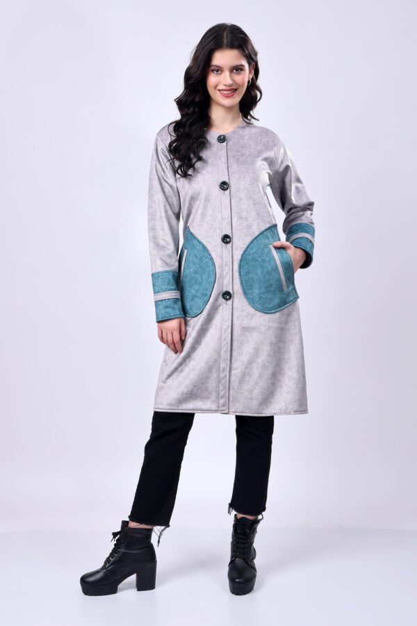 Grey and Blue Suede Long Coat for Women - Image 2