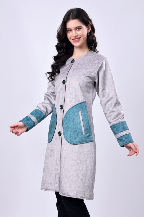 Grey and Blue Suede Long Coat for Women - Image 3