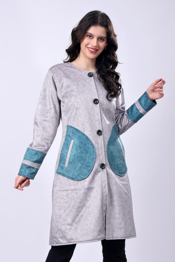 Grey and Blue Suede Long Coat for Women - Image 5