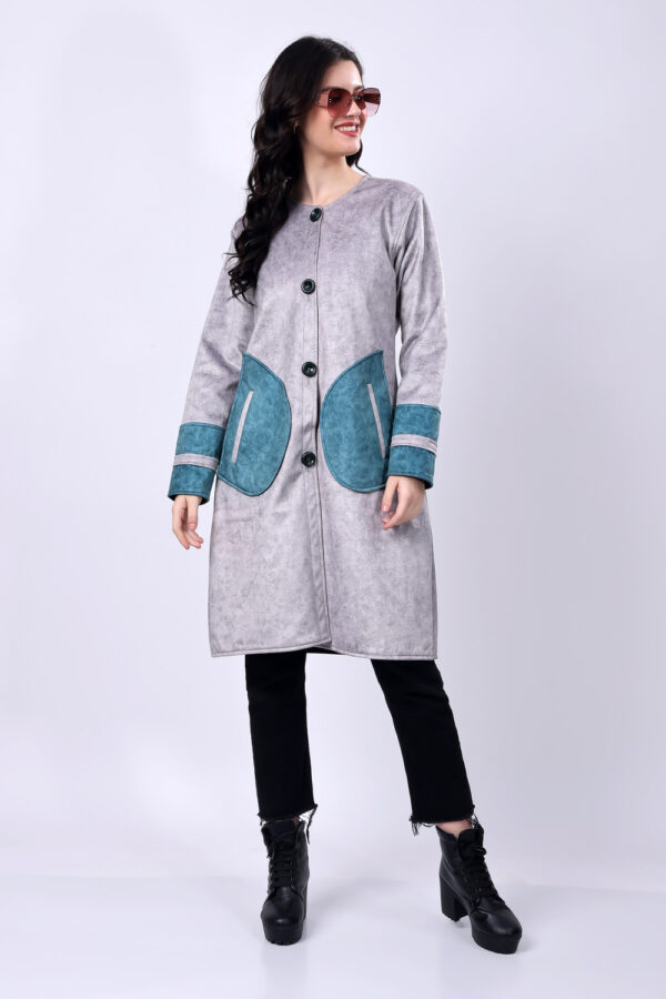Grey and Blue Suede Long Coat for Women - Image 8
