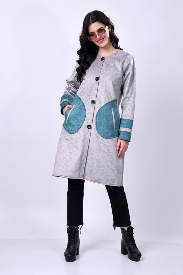 Grey and Blue Suede Long Coat for Women - Image 9