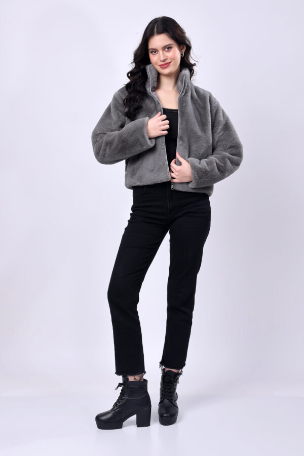 Grey Fluffy Fur Winter Jacket for women - Image 3
