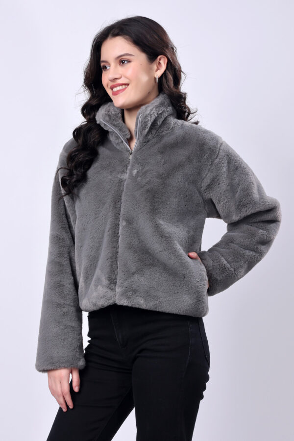 Grey Fluffy Fur Winter Jacket for women - Image 2