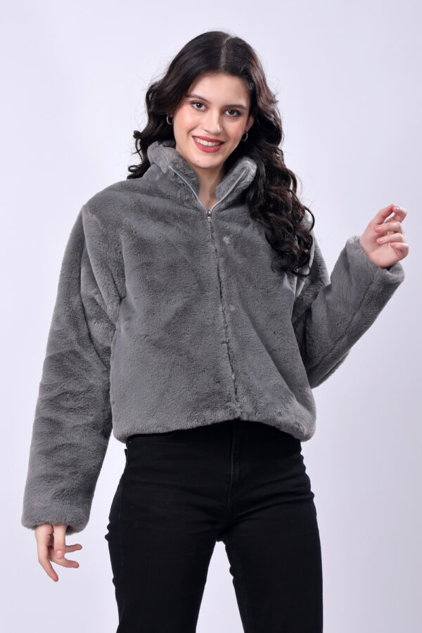 Grey Fluffy Fur Winter Jacket for women - Image 4