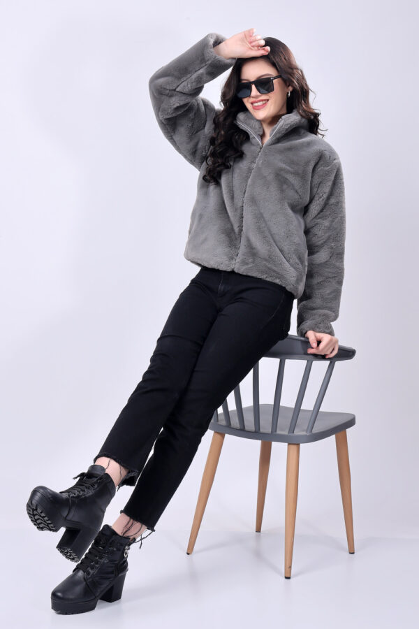 Grey Fluffy Fur Winter Jacket for women - Image 7