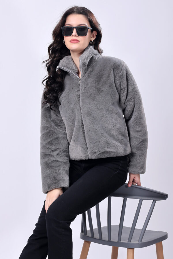 Grey Fluffy Fur Winter Jacket for women - Image 8