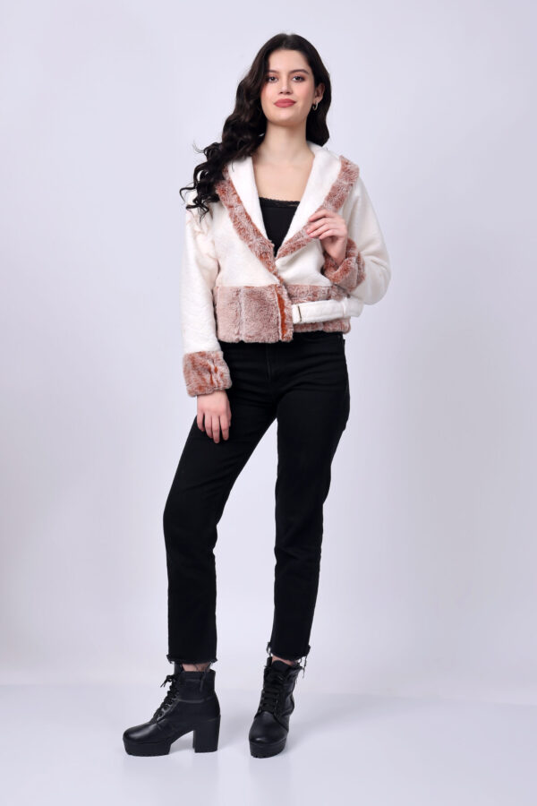 Off White & Brown Fluffy Fur Jacket for women - Image 8