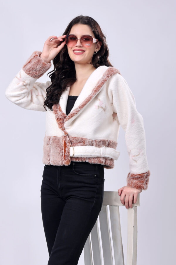 Off White & Brown Fluffy Fur Jacket for women - Image 2