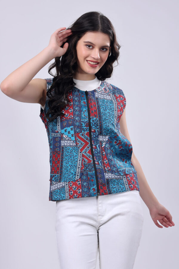 Blue Ethnic printed Cotton jacket for women - Image 5