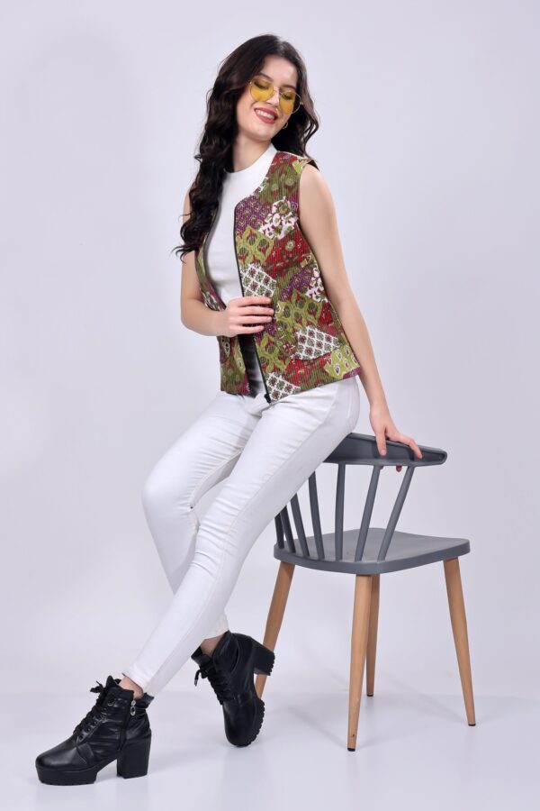 Olive Green Cotton Ethnic printed Jacket for women - Image 2