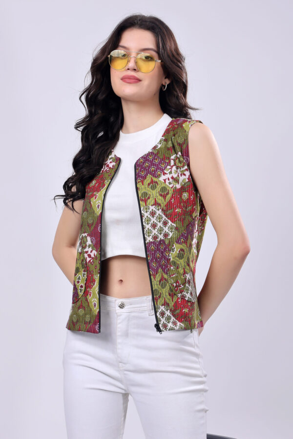 Olive Green Cotton Ethnic printed Jacket for women - Image 3