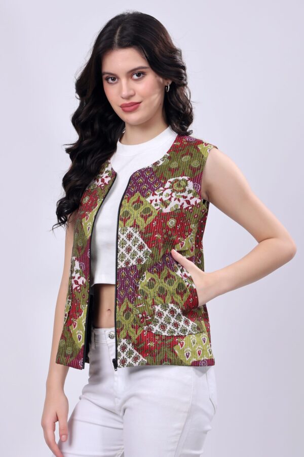 Olive Green Cotton Ethnic printed Jacket for women - Image 6