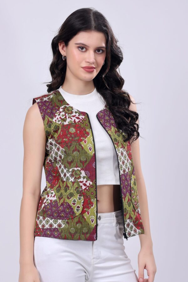 Olive Green Cotton Ethnic printed Jacket for women - Image 7