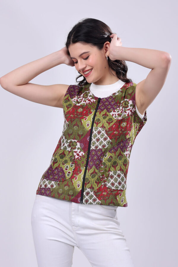 Olive Green Cotton Ethnic printed Jacket for women - Image 9