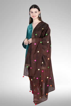 Brown mirror work dupatta with pompom tassels