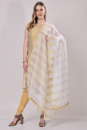 White Viscose Silk Dupatta with Lace Details and Golden Tassels