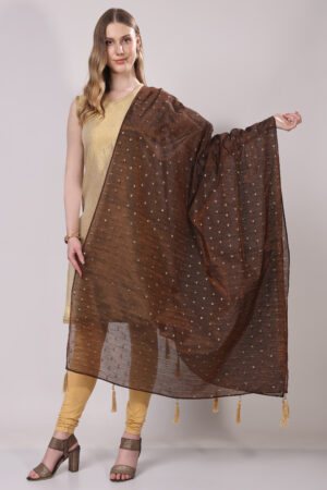 Coffee Brown Chanderi Silk Dupatta with Zari Buta and Golden Tassels
