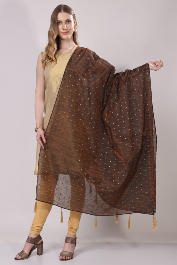 Coffee Brown Chanderi Silk Dupatta with Zari Buta and Golden Tassels