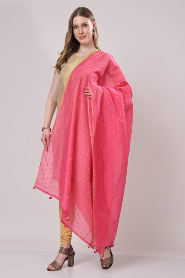 Pink Chanderi Silk Dupatta with Zari Buta and Golden Tassels