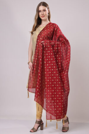 Maroon Chanderi Silk Dupatta with Golden Prints, Lace Detail, and Tassels