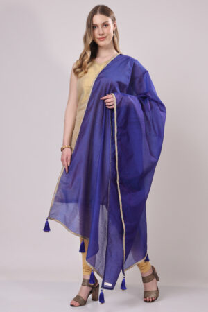 Royal Blue Chanderi Silk Dupatta with Lace Work and Tassels