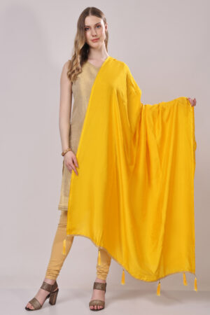 Yellow Dola Silk Dupatta with Golden Lace Border and Tassels