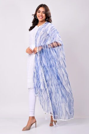 Navy Blue & White Organza Dupatta with Tassels and Lace