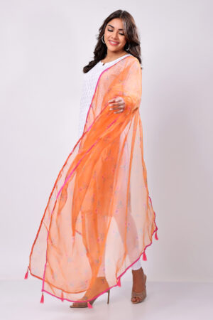 Mustard Yellow Organza Dupatta with Pink Floral Prints, Lace, and Tassels