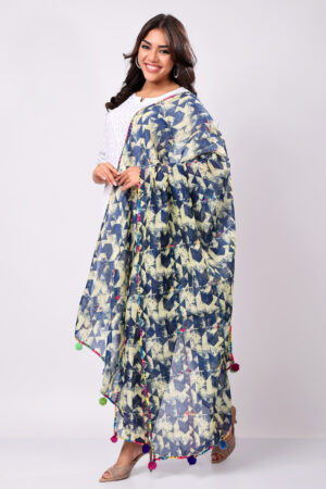 Navy Blue Hand-Embroidered & Printed Chanderi Silk Dupatta with Crochet Borders and Pom-Poms