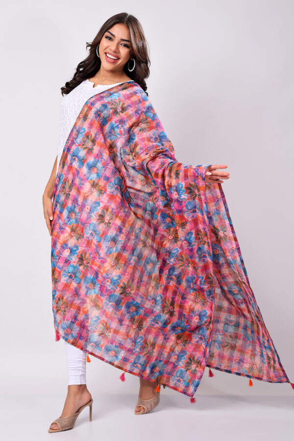 Pink Chanderi Silk Dupatta with Floral Print, Lace, and Tassels