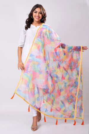 Yellow printed Organza Dupatta with Lace and Tassels