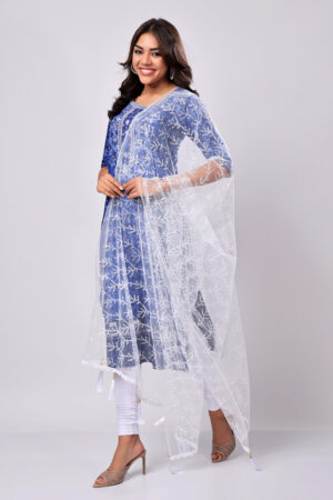 White Net Dupatta with Embroidery, Sequin Work, Lace, and Tassels