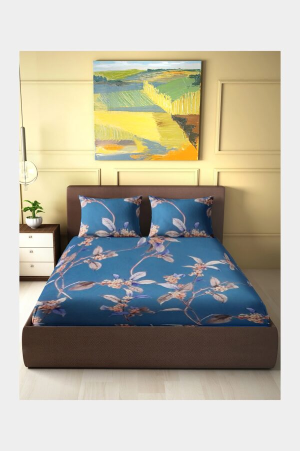 Haryana Hoops Premium Glazed Cotton Queen Size Bedsheet Elastic Fitted, with 2 Pillow Cover, Floral Printed, Soft, Breathable, Wrinkle Free, Skin Friendly Bedsheet for Double Bed