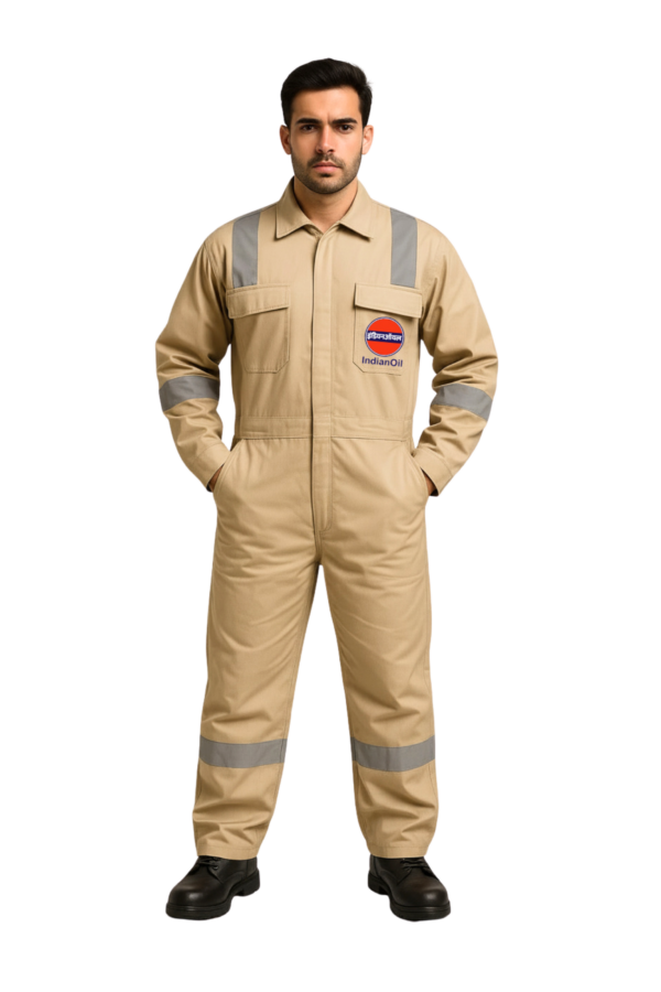 Indian Oil Work Coverall Dungaree, Two Way Zipper, Beige with Reflective Tape, Full Body Protection Workwear