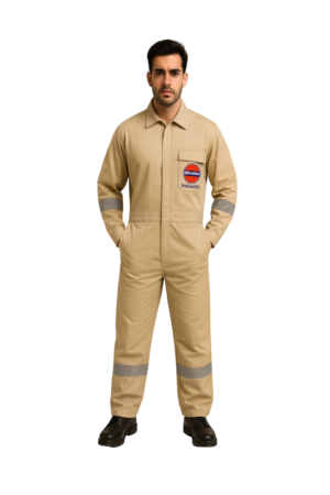 Indian Oil Work Coverall Dungaree, Two Way Zipper, Beige with Reflective Tape, Full Body Protection Workwear