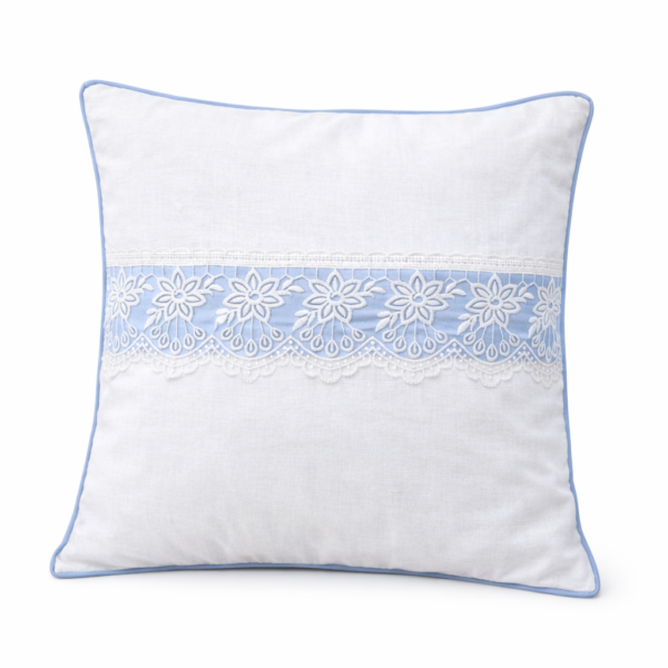 Cotton linen Cushion Cover with Floral Lace and Contrast Piping (16x16 Inches)-Assorted pastel colors