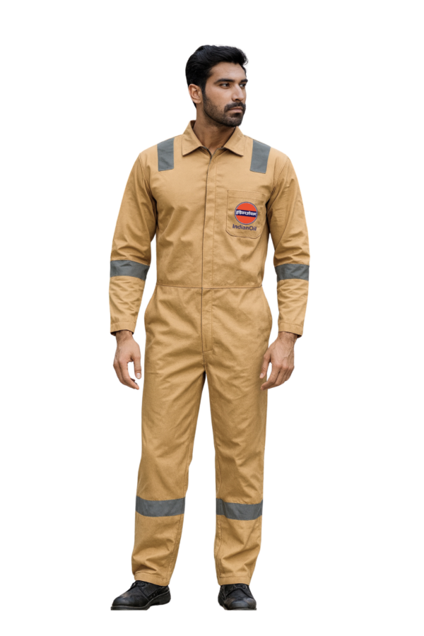 Indian Oil Work Coverall Dungaree, Two Way Zipper, Beige with Reflective Tape, Full Body Protection Workwear
