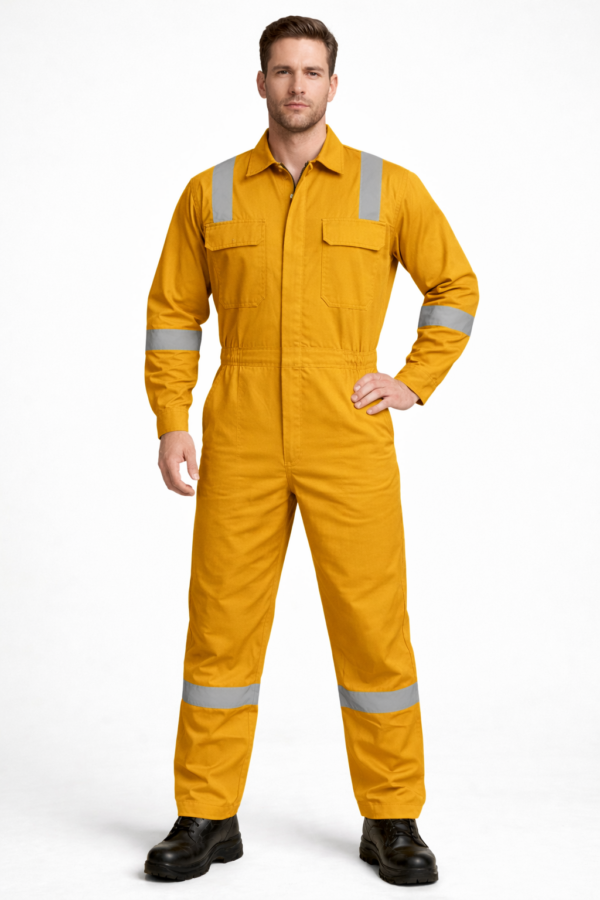 Coverall Dungaree, Two Way Zipper, Mustard with Reflective Tape, Full Body Protection Workwear