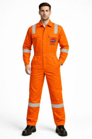 Indian Oil Work Coverall Dungaree, Two Way Zipper, Orange with Reflective Tape, Full Body Protection Workwear