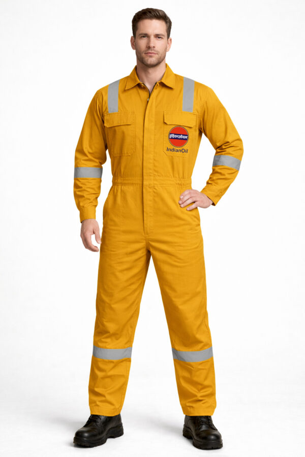 Indian Oil Work Coverall Dungaree, Two Way Zipper, Mustard with Reflective Tape, Full Body Protection Workwear