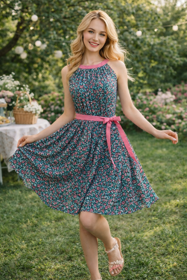 Blue & Pink Printed Accordion Pleated Dress